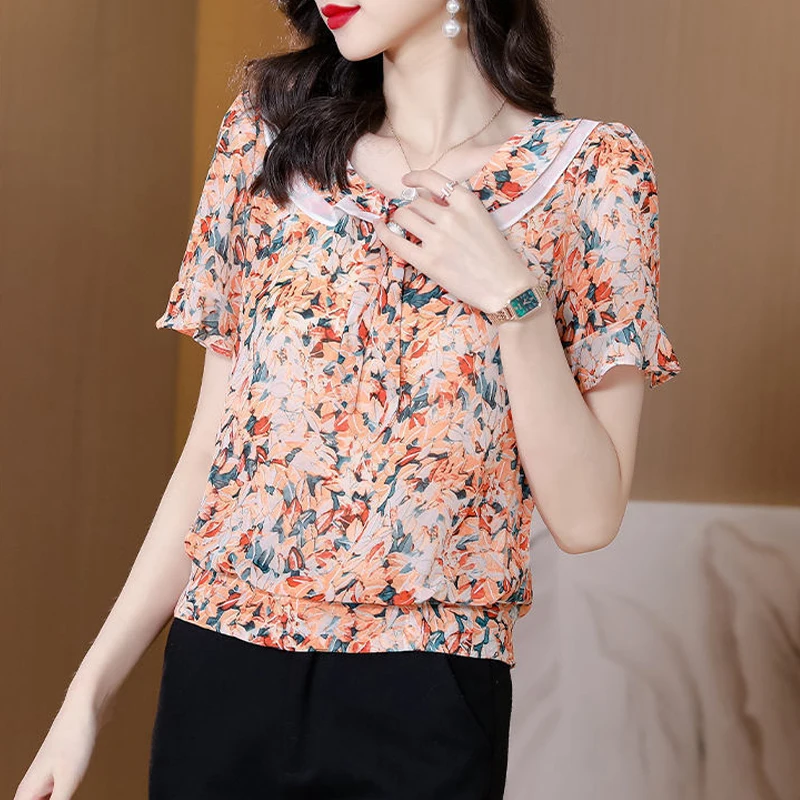 2024 Summer Women\'s Fashion Print Ruffle Bow Blouse Elegant Short Sleeve Chiffon Shirt Casual O Neck Loose Tops Blusas De Mujer