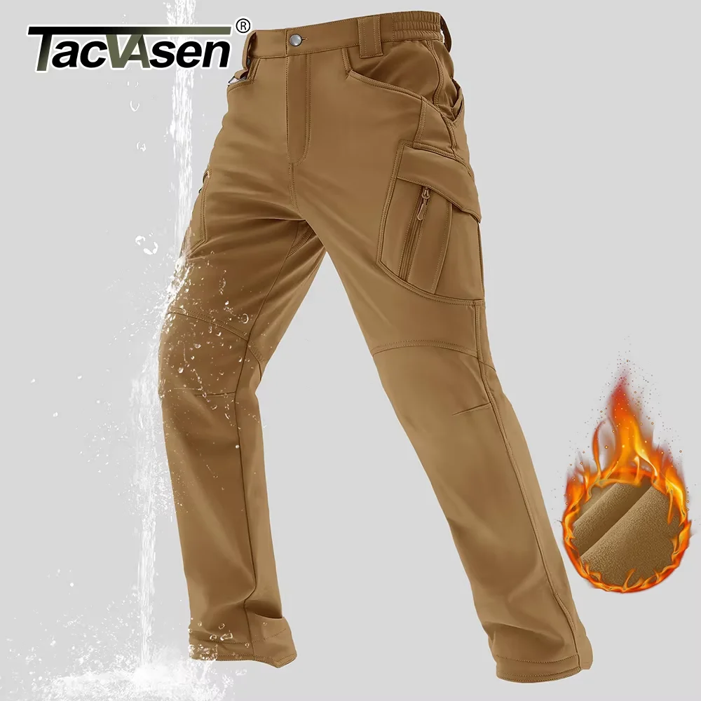 TACVASEN IX9 Shoftshell Thermal Cargo Pants Winter Warm Fleece Lined Hiking Waterproof Pants Outdoor Ripstop Work Trousers Male