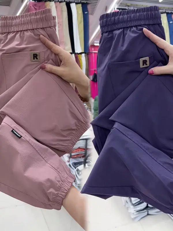 Summer New Ice Silk Quick Dry Nine Points Sports Pants Women Loose Slim Harlan Casual Trousers Versatile Loose Fit Leisure Pants