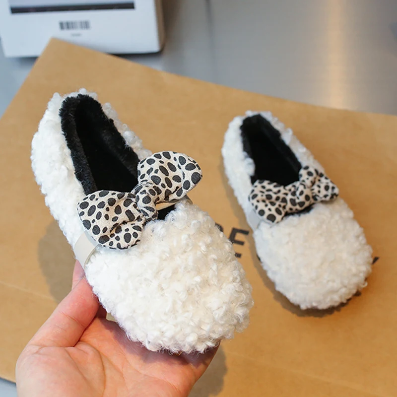 Cute Pink White Lambwool Ballet Flats Kid Girls Leopard Print Bowknot Thick Plush Loafers Baby Child Winter Warm Slip-on Shoes