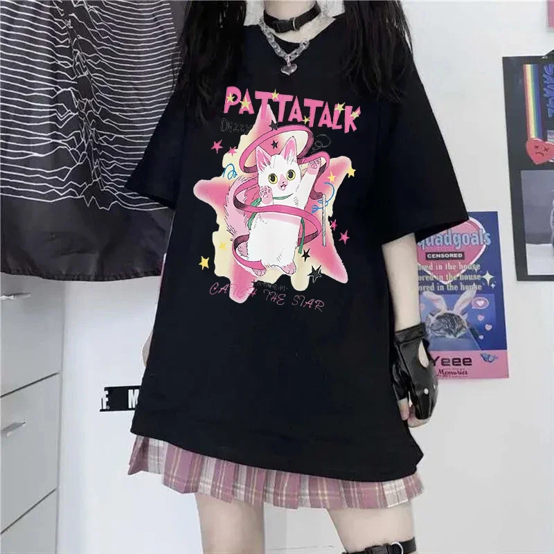 Y2k kaus Harajuku Atasan Wanita 2023 musim panas kaus lengan pendek gambar kucing merah muda longgar Wanita kaus lucu kartun Ins