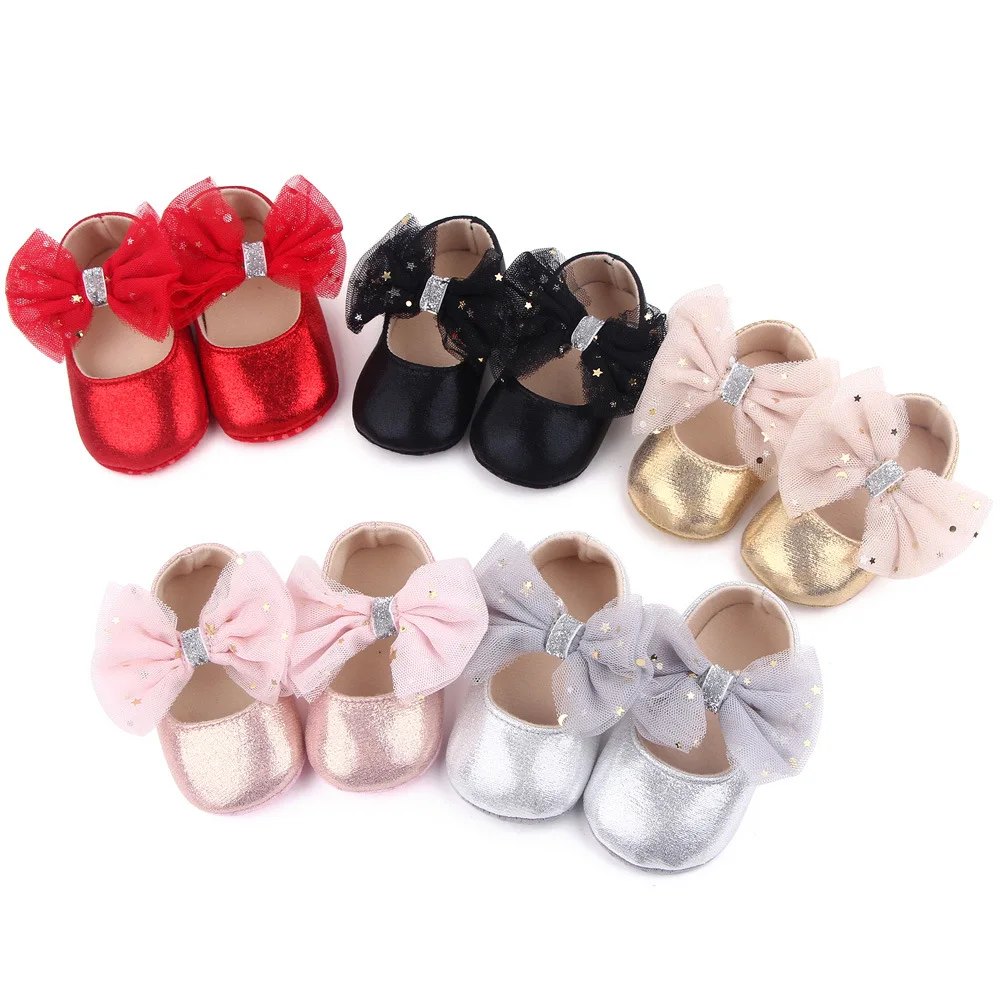 

Flat Crown-Patterned Princess Shoes for Newborn Girls Aged 0-1 Featuring a PU Bow And Glittery Design Perfect for Spring/Summer