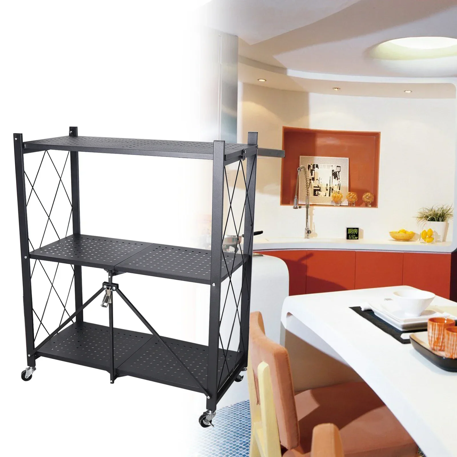 

%A Three-Story Removable Installation-Free Kitchen Shelf Black Metal Shelf