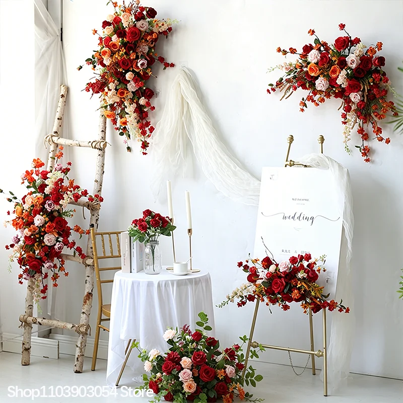 Hochzeits-Hintergrunddekoration, hängende Tischdekoration im chinesischen Stil, orange-rot-grüne Blätter, Blumenarrangement für Veranstaltungen, Bodenblumenball – Detail 1