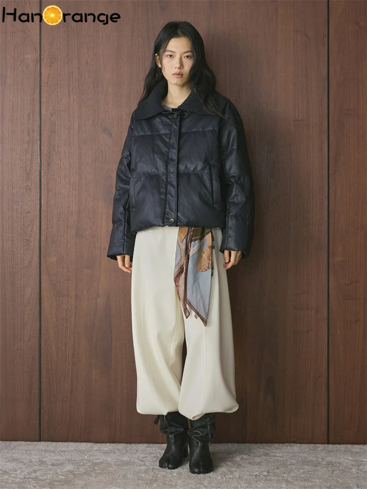 HanOrange 2025 موضة الشتاء الربط بولي White White Duck أسفل سترات المرأة سترة دافئة مريحة أسود أزرق داكن #5
