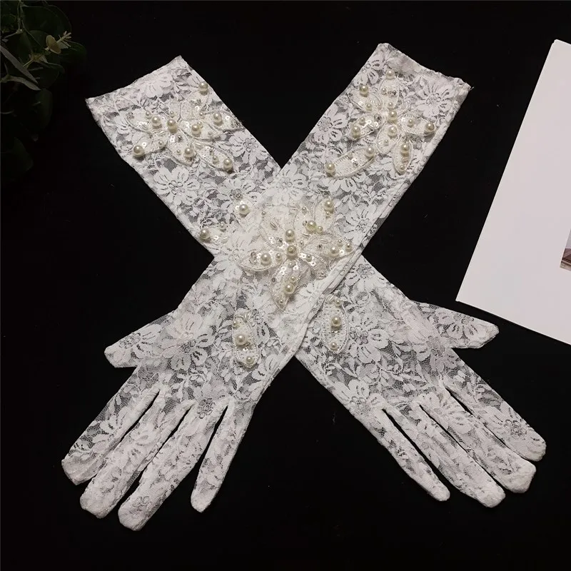 Women's Elegant Pearl Beaded White Long Lace Glove Female Spring Summer Vintage Sunscreen Driving Photograph Party Glove R1891