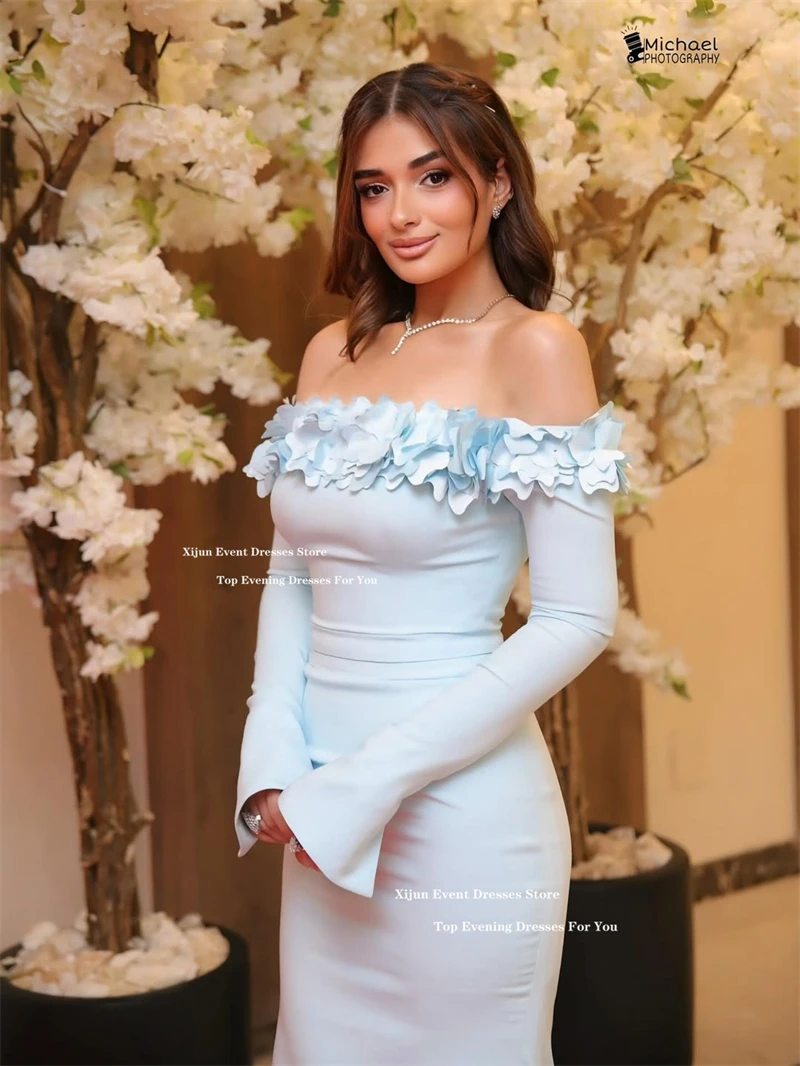 Xijun Babyblauwe Crêpe Zeemeermin Avondjurken 3D Bloemen Uit De Schouder Galajurken Saudi Arabische Lange Galajurken Aanpassen