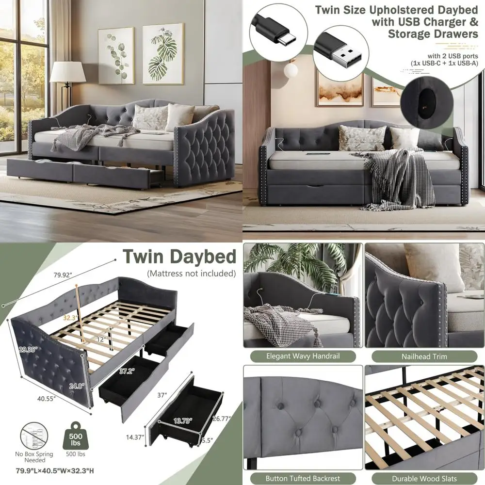 Daybed Ukuran Twin Berlapis Kain dengan Penyimpanan, 2 Port USB, Rangka Kayu Kokoh, Ideal untuk Kamar Tidur, Tidak Perlu Box Spring