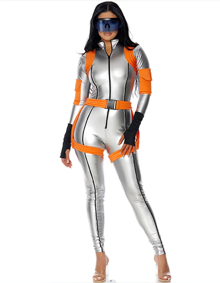 Halloween Adult Silver Spacesuit Uniform Space Suit Women Cosplay Tights Costume