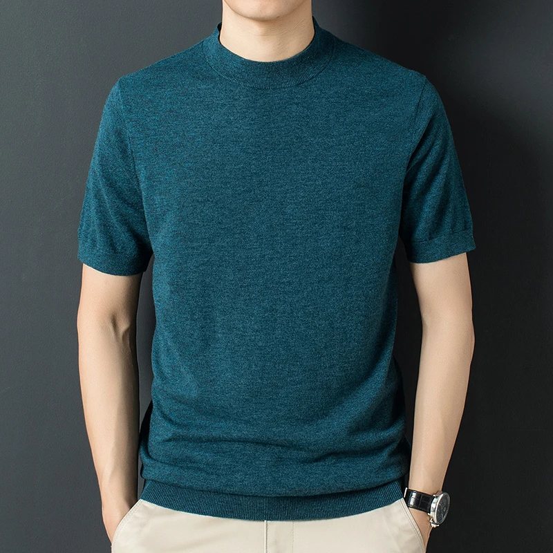 

Men's Pure 100% Cashmere Wool Clothes 2023 Spring Casual Mock Neck Knit Tee Shirt Short Sleeve Sheep Wool Sweater Tops