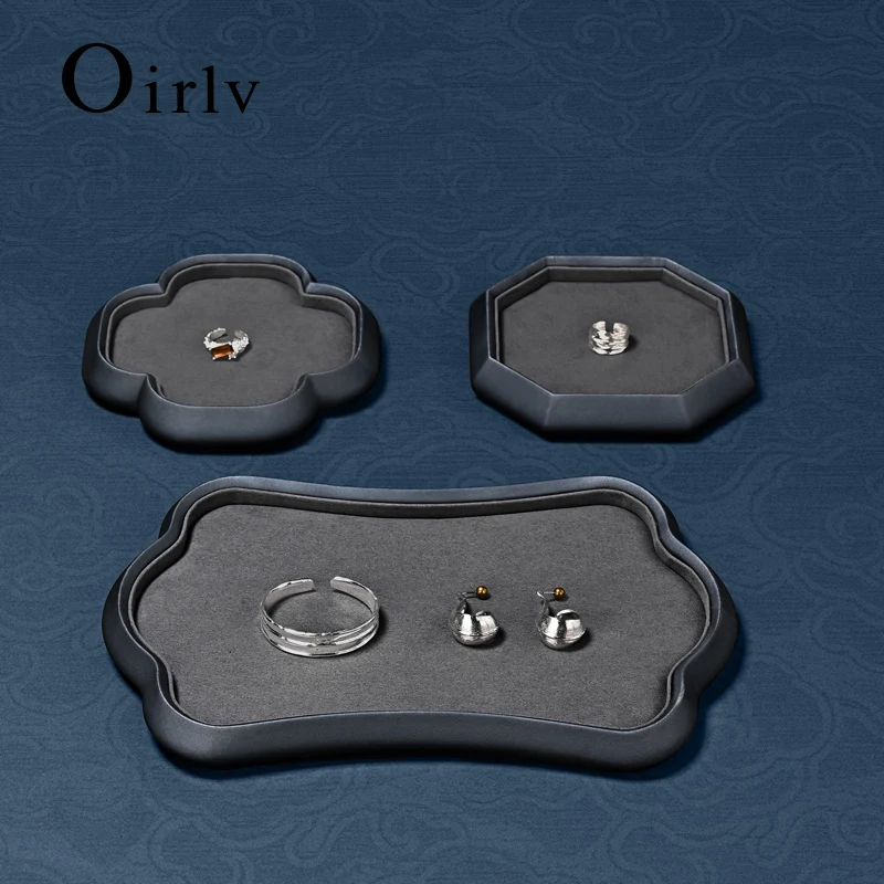 Oirlv Jewelry Tray and Display Stand Grey Suede-like Pu Leather Double-layer Design Suitable for Jewelry Store and Families