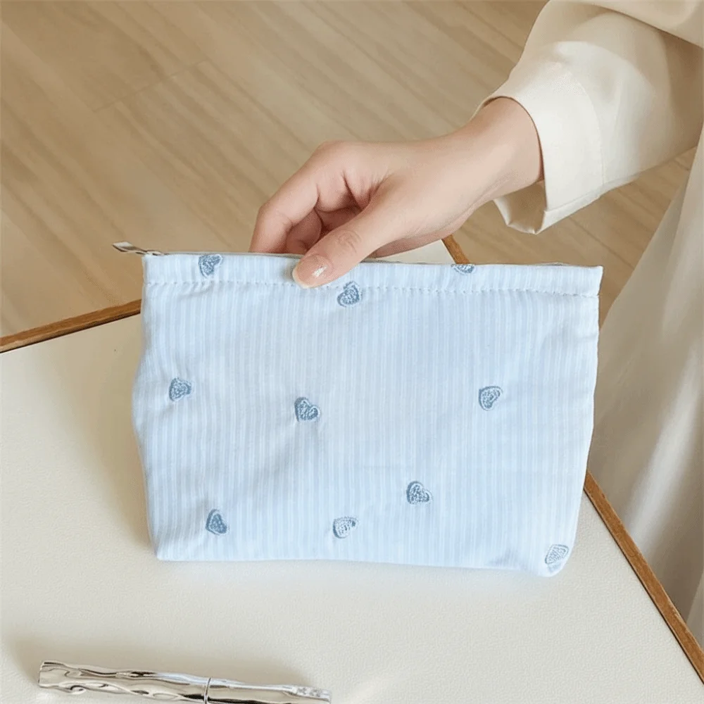 Classic Stripes Makeup Pouch Soft Canvas Smooth Zipper Cosmetic Organizer Embroidered Pattern Compact Size Toiletry Bag