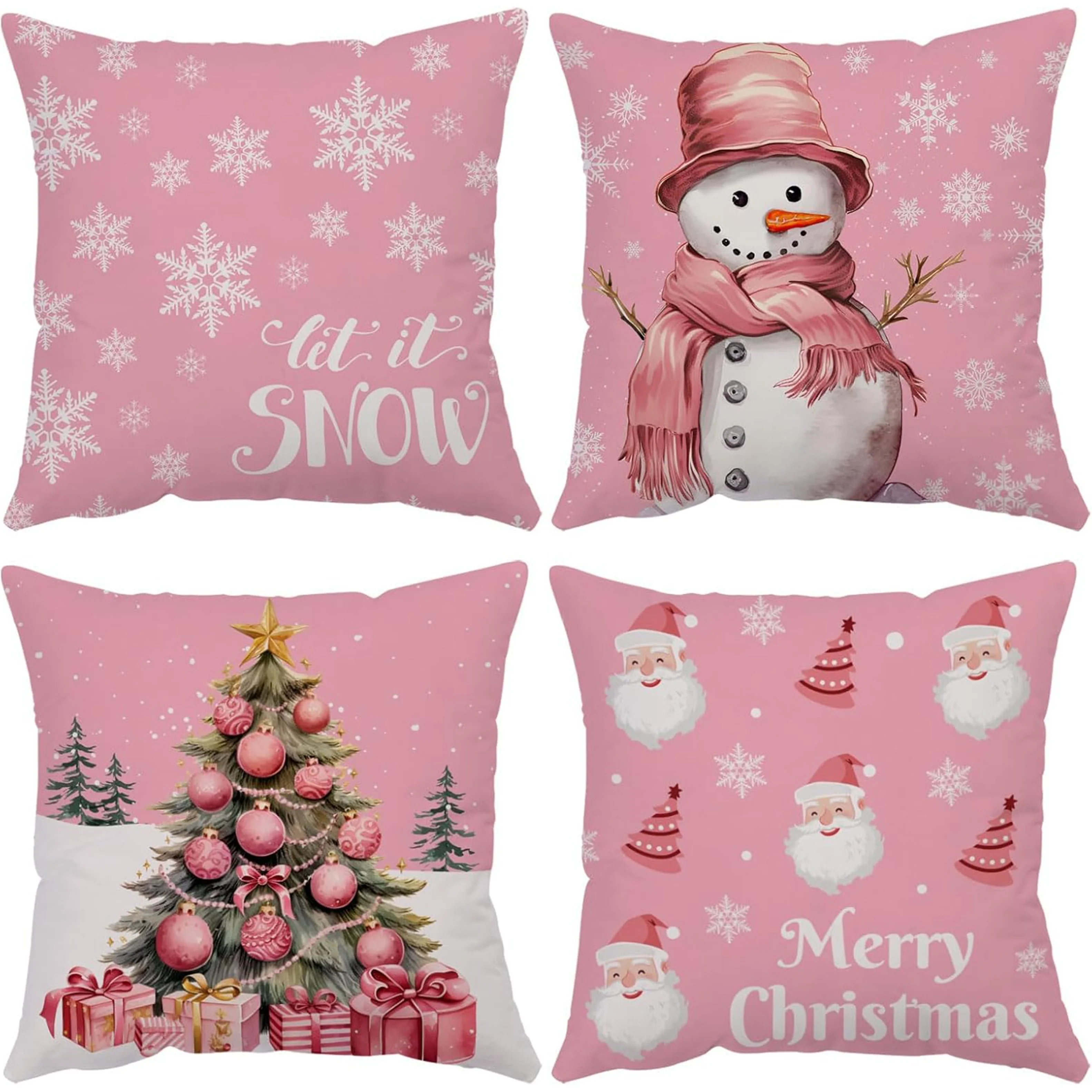 

4-Pack Christmas Pillow Covers – Contemporary Polyester Decorative Cases with Snowflakes, Santa, Snowman & Tree