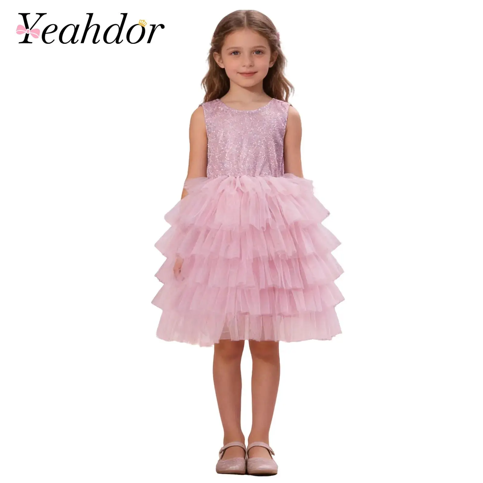 Girls Shimmery Birthday Party Dress Kids Sleeveless Big Bow V-back Tiered Ruffle Tulle Prom Dress Wedding Flower Girl Dresses