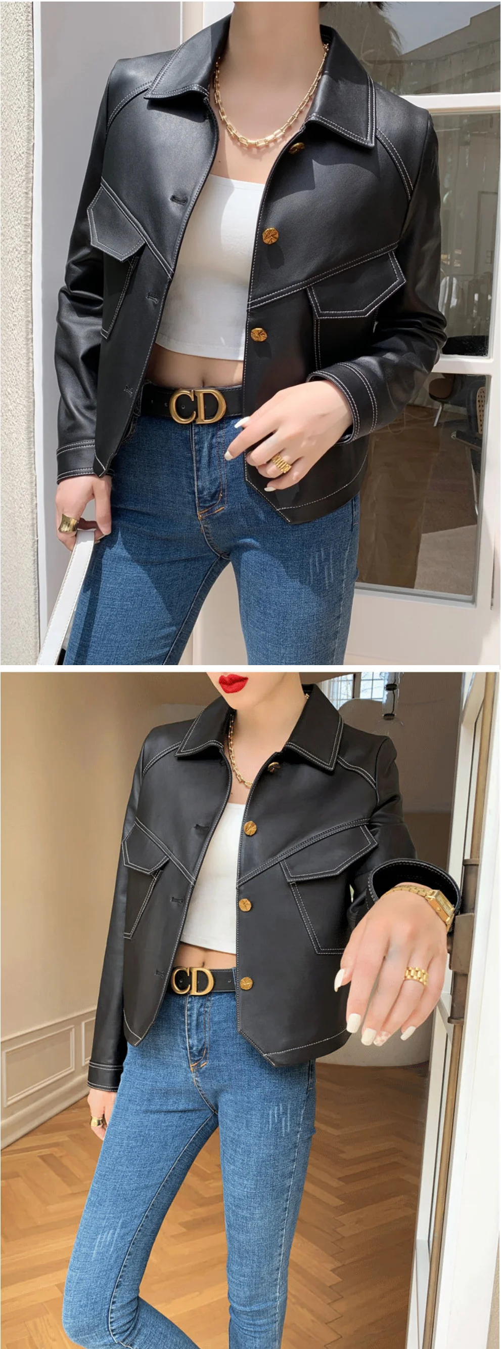 Frühling Herbst Mode Damen Kurz mantel Revers Langarm Motorrad Street Pu Lederjacke – Detail 3