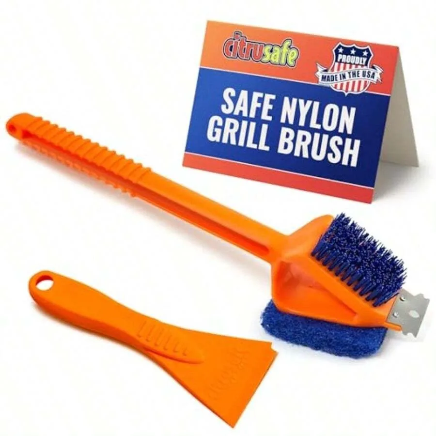 

【New style】3in1 Nylon Grill B With Cookbox Scraper - Made In USA - Non Metal No Wire Bristles - BBQ B For Outdoor Grills - Gril