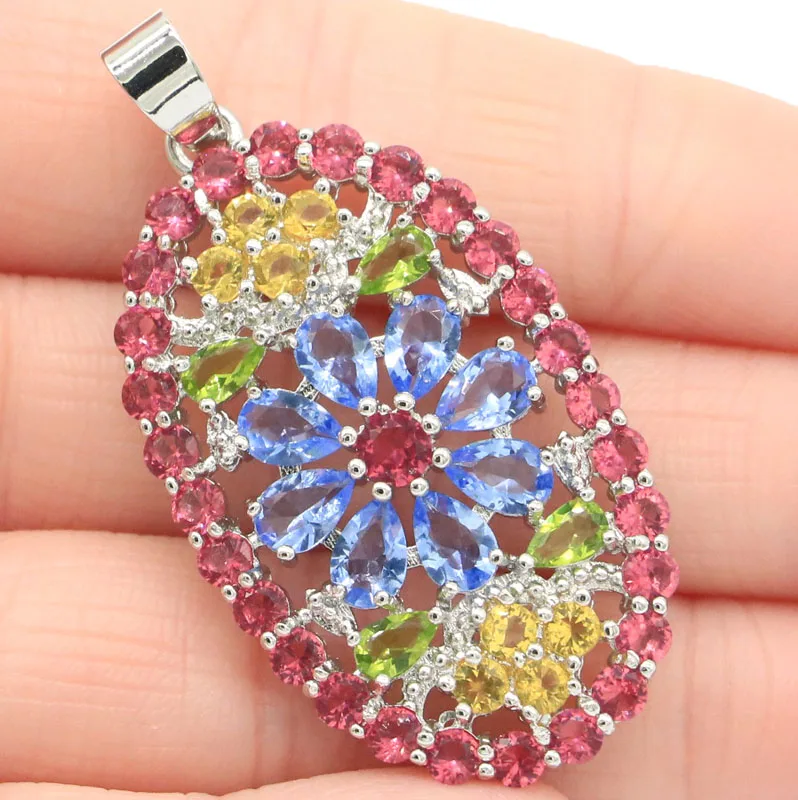 48x24mm Charming Multi Color Smoky Topaz Rich Blue Aquamarine Morganite Kunzite Golden Citrine Females Present Silver Pendant
