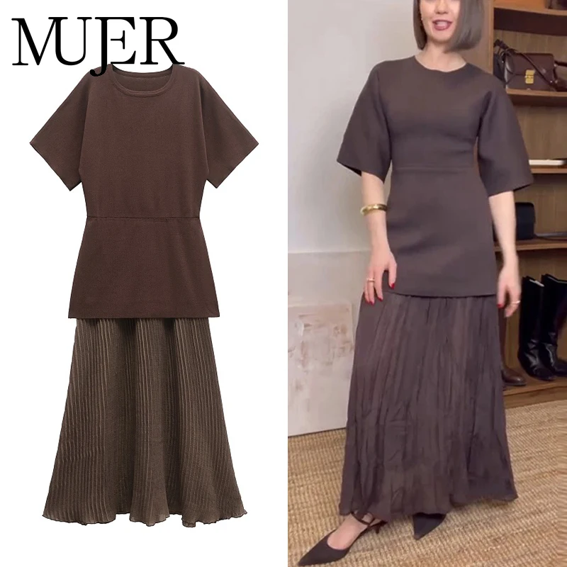MUJER Drapierte gestrickte Maxikleider für Damen, langes Sommerkleid für Damen, 2025, kurzärmeliges Damenkleid, Patchwork-Freizeitkleid für Damen