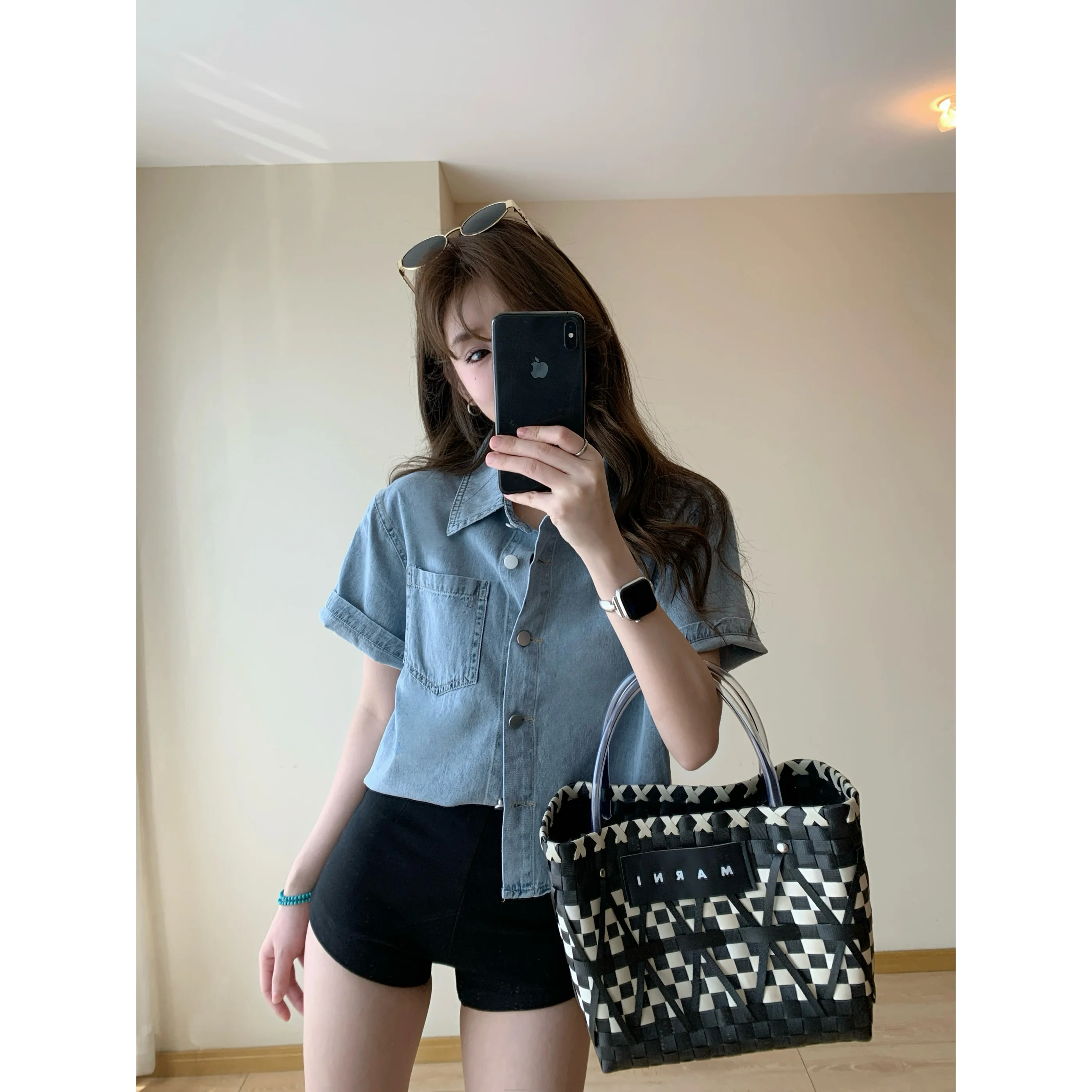 

Sweet Cool Girl ort Sve Denim irt Простой корейский Sle Wuli Многофункциональный дышащий удобный воротник женский ...