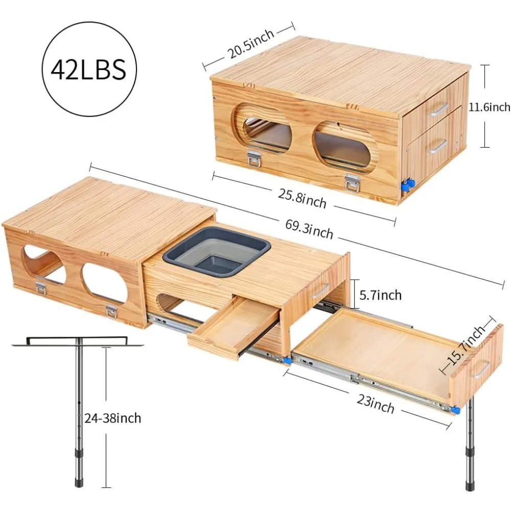 Caixa de cozinha de acampamento multifuncional com características de lavagem, cortar e cozinhar, configuração rápida de 30 segundos, mesa de acampamento