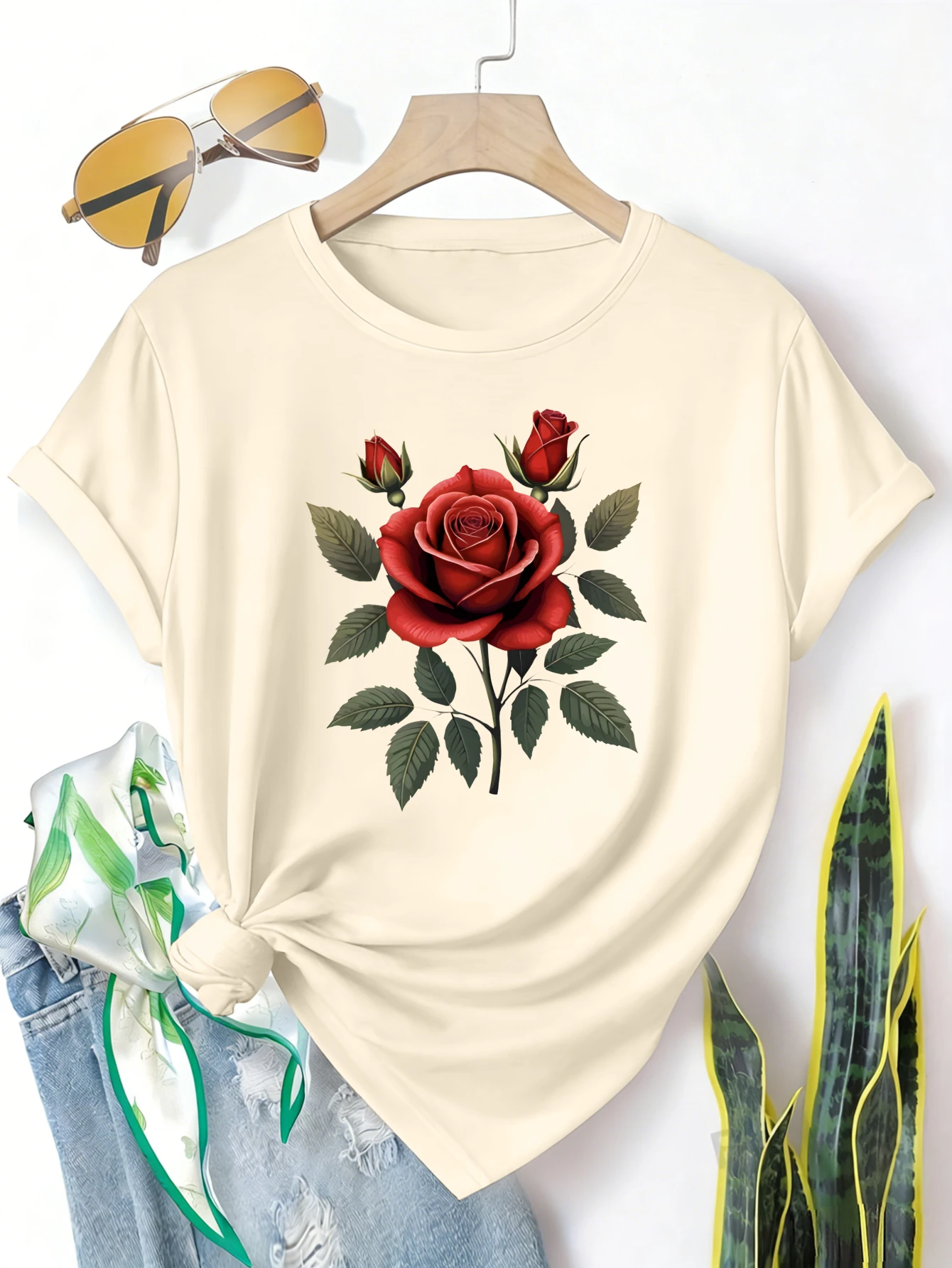 

Plus size women's short sleeve T-shirt Red Rose With Green Leaves breathable fabric summer outfits women's clothing