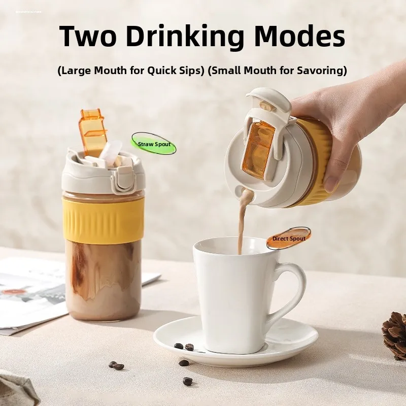 Portable Glass Shake Cup with Straw Large Capacity Coffee Water Cup for Women Cute Anti-Scalding Hand Handle Triangular Shape