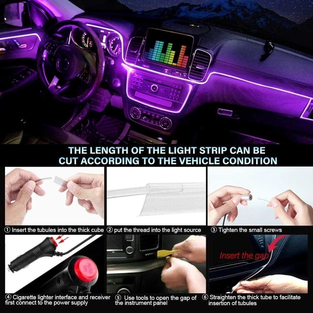 Neon LED Car Interior Ambient Light 4/5/6 IN 1 Fiber Optic EL Wire App USB RGB Auto Accessories LED Decorative Lamp