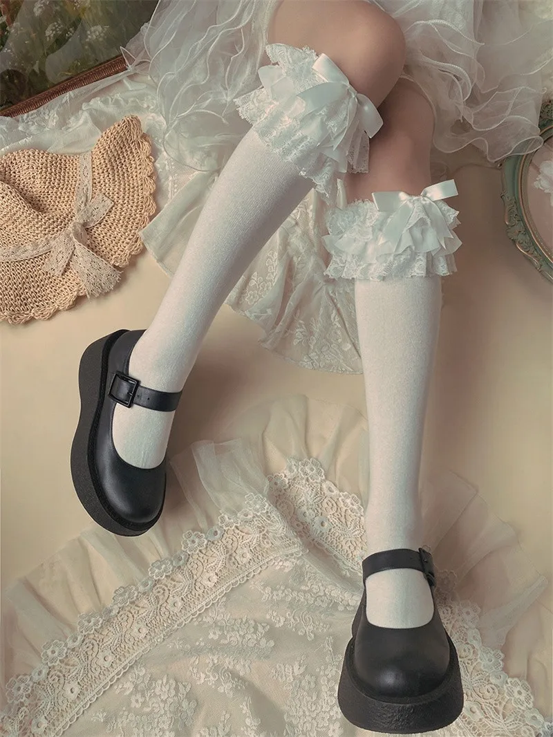 Lolita Big Lace Stockings Flower Wedding Velvet Double Lace Calf Socks Over Knee Lolita Socks Lovely Bowknot Heap Heap Socks