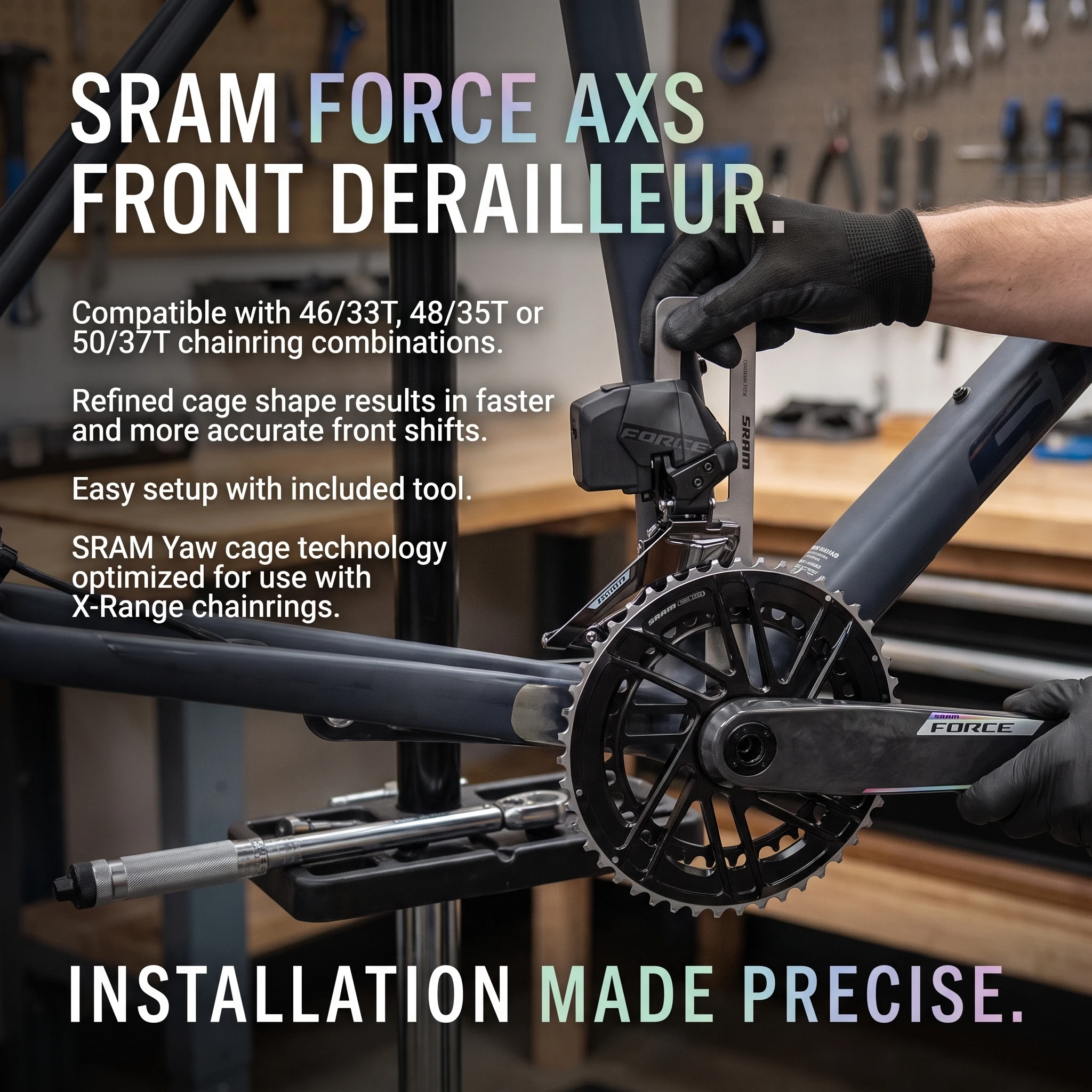 SRAM Force AXS 12-скоростной переключатель передач FD |   Простая установка с использованием инструментов |   Крепление на защелках или зажимах |   Цепь 45 мм |   Совместимые шестерни 46/33T 48/35T 50/37T |   AXS