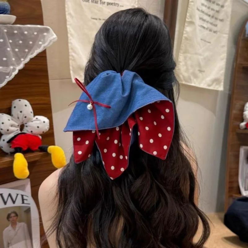 

1 Pcs Women's Hair Scrunchies Retro Polka Dot Bow Denim Fashion Versatile Head Ropes Sweet Kawaii High-quality Hair Accessories
