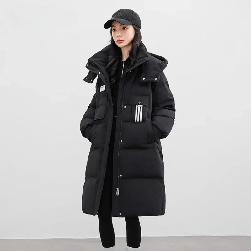 Winter New Outerwears Puffer Jacket Women Striped Patchwork Casual Stylish Parker Thickened Loose Warm Mid-length Down Jackets