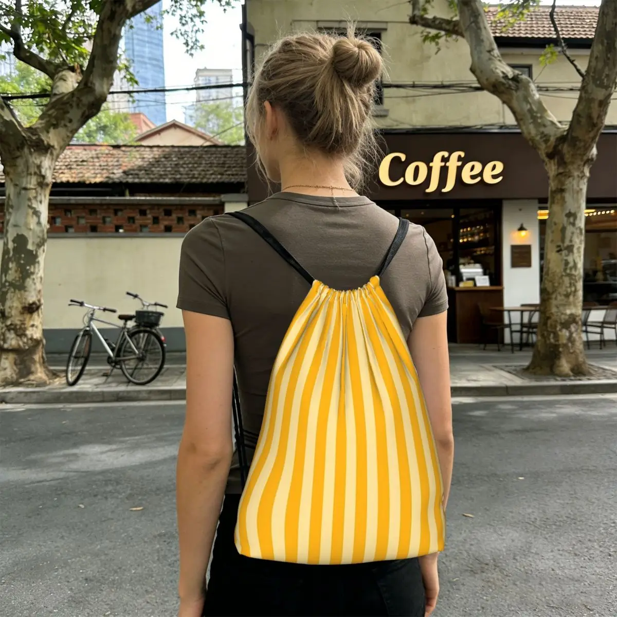 Striped Vertical 2 Yellow Backpacks Portable Drawstring Bags Sports Bag Book Bags for Man Woman Students