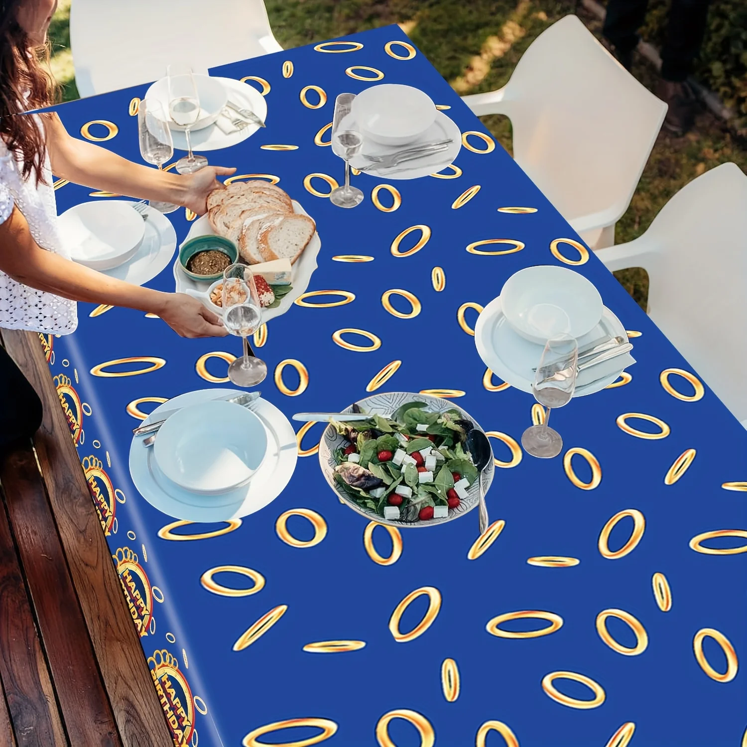 

Blue Happy Birthday Printed Plastic Tablecloth with Gold Rings Cartoon Video Game Theme Party Decoration Supplies