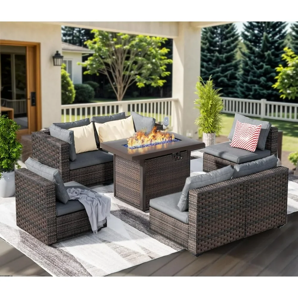 

Patio Sets 7 Pieces with Fire Pit Table, No-Slip Cushions Waterproof Covers, Patio Sectional Sofa Set PE Rattan Wicker Couch