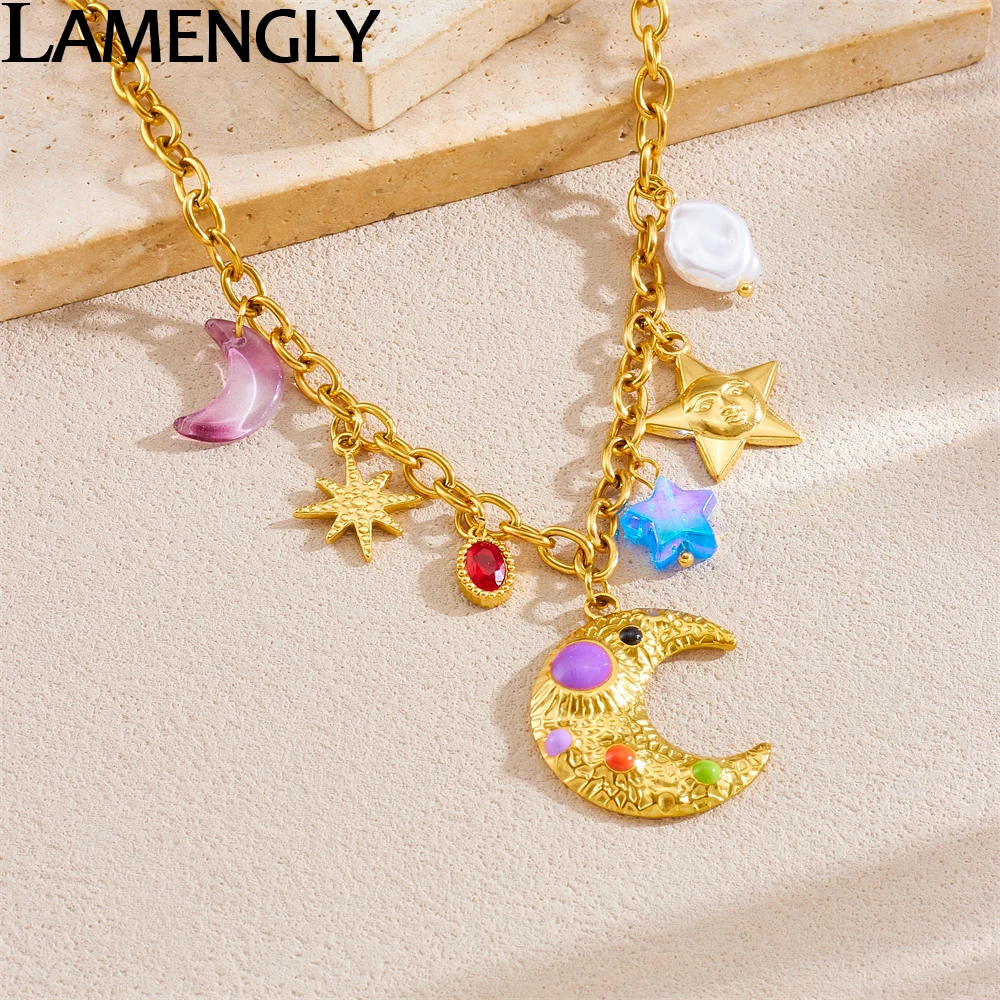 

LAMENGLY 316L Stainless Steel Colored Dopamine Style Fun Moon Star Pendant Necklace For Women Fresh Trend Neck Chain Party Gifts