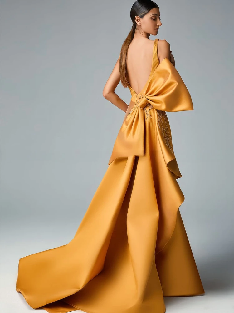 Prom Dresses Pleats Backless Big Bow Beaded Party 2023 Elegant Yellow Satin Square Collar Formal Occasion Evening Gowns Vestidos