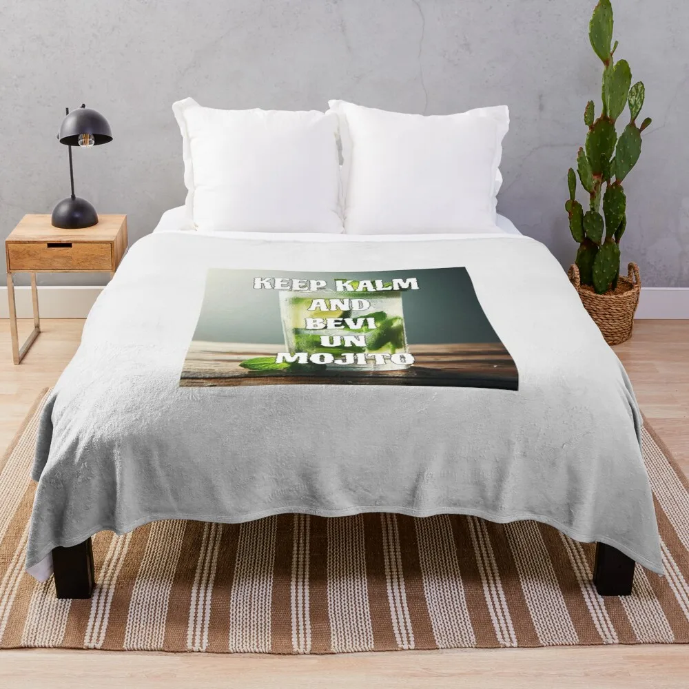 T-shirt with funny phrase and mojito Throw Blanket Warm Plaid Blankets