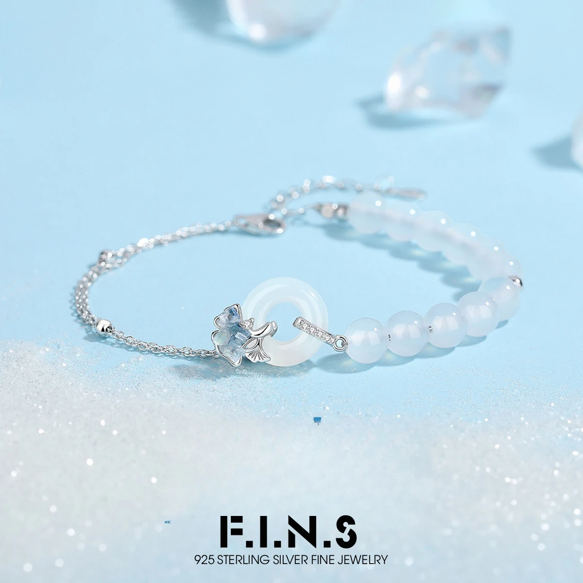 F.I.N.S Original ‘Crushed Ice’ Ginkgo Leaf S925 Sterling Silver Bracelet for Women New White Chalcedony ‘Peace Buckle' Jewelry