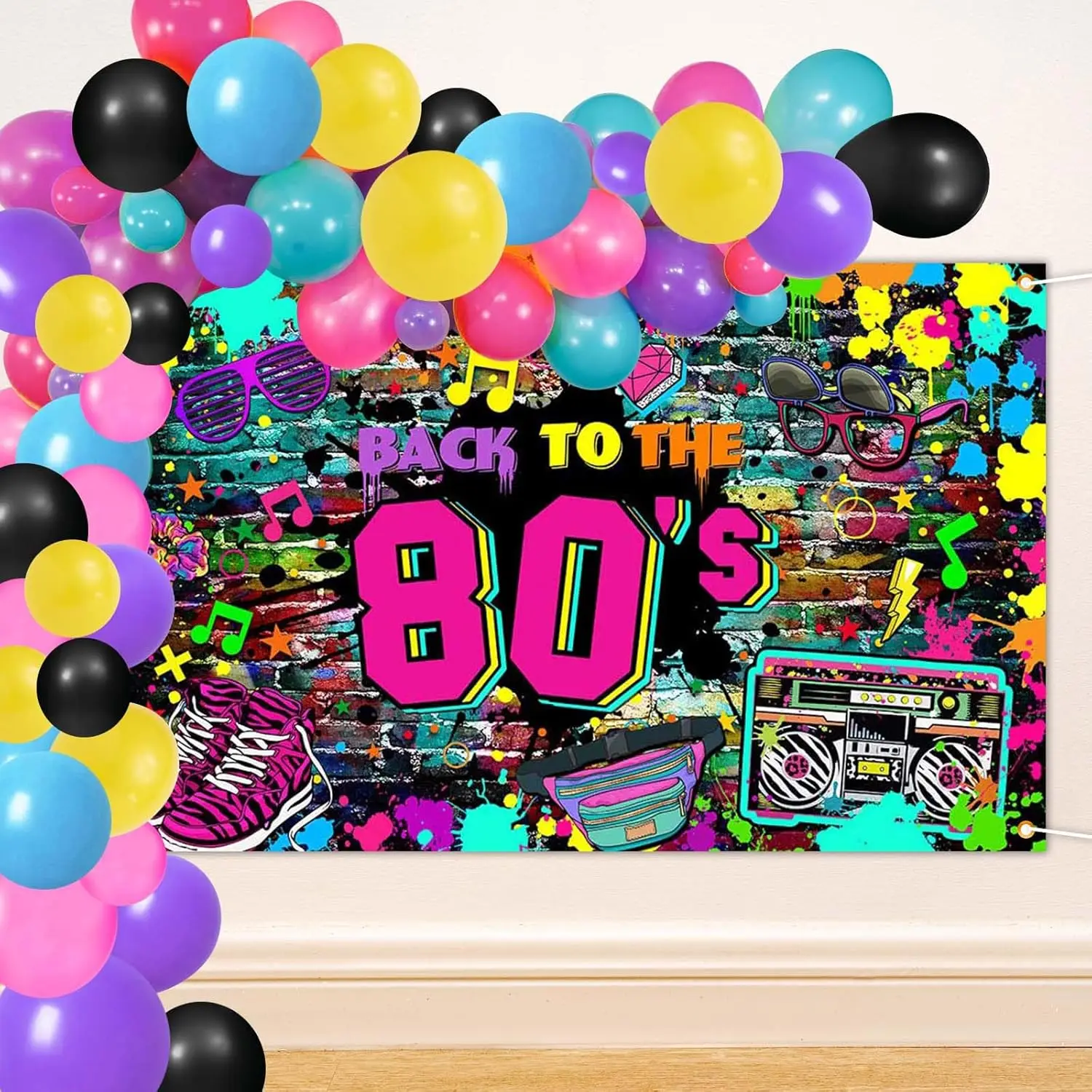 105pcs Back to the 80s Party Background Hip Hop 80s Party Balloon Garland Arch Kit Retro Rock Graffiti Brick Wall Birthday Party