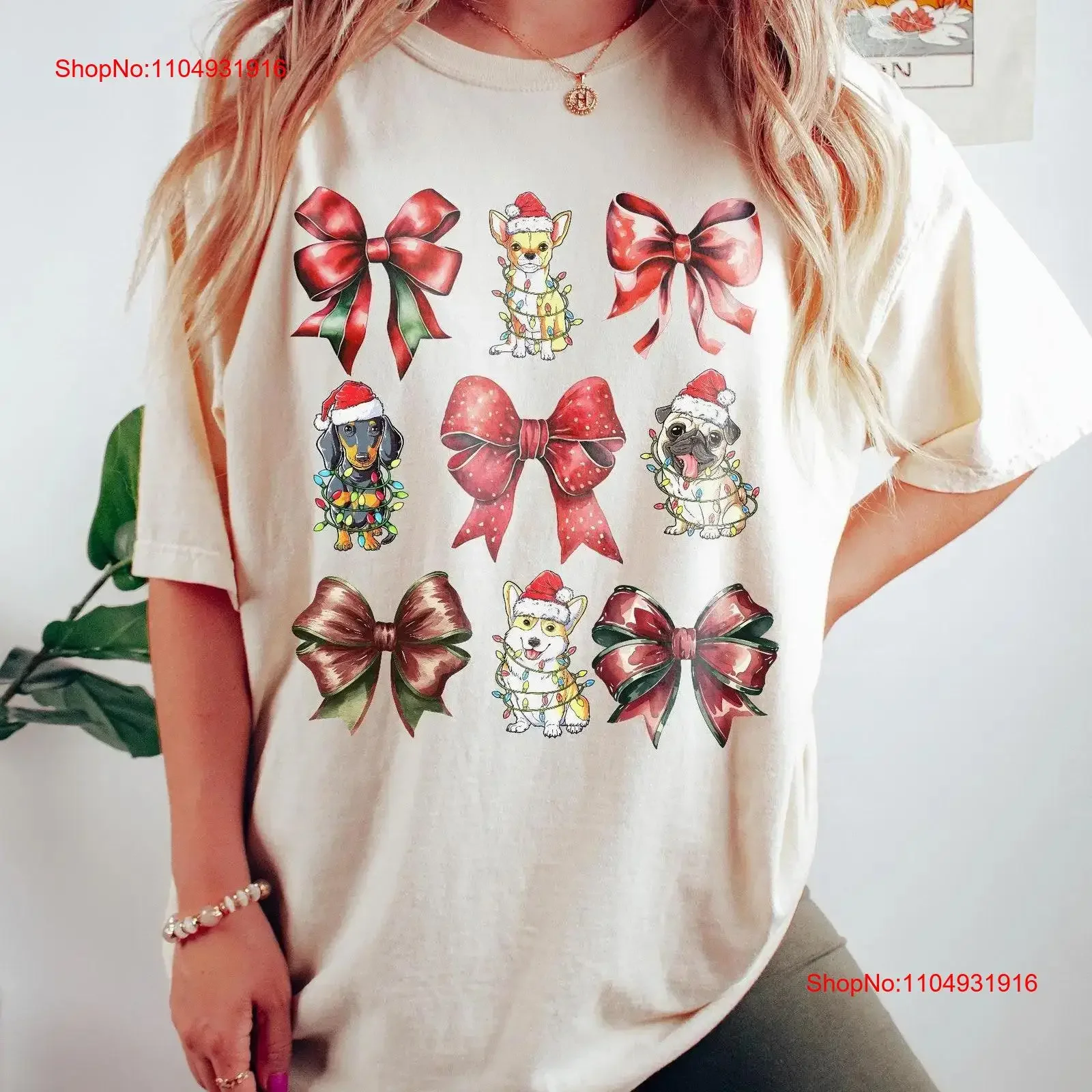 

Рождественская футболка с легкими собаками, кокетка с бантом, праздничный милый зимний винтажный стираный универсальный топ в стиле ретро для повседневной носки, растягивающийся