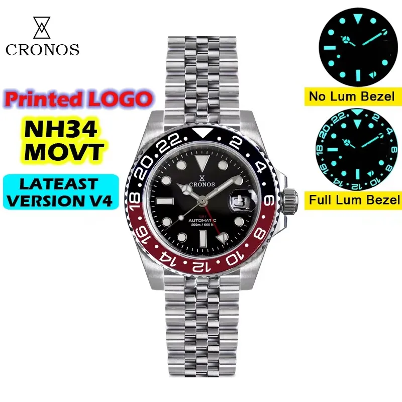 Cronos GMT Watch Automatic Mechanical Sapphire 200M Stainless Steel 24 Clicks Ceramic Bezel BGW-9 Super Luminous 41mm Men Watch