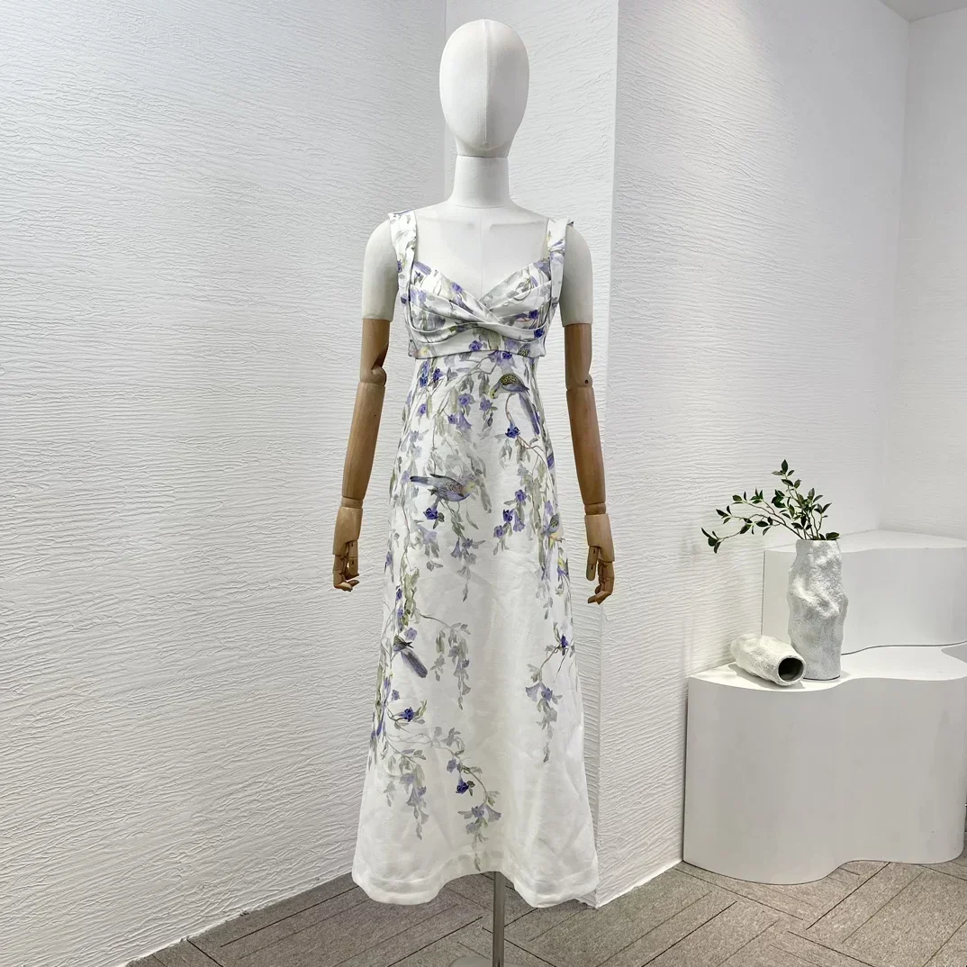 

Top Quality Linen 2024 Women Clothing Summer White Blue Flower Bird Print Sleeveless Hollow Out Backless Midi Dress