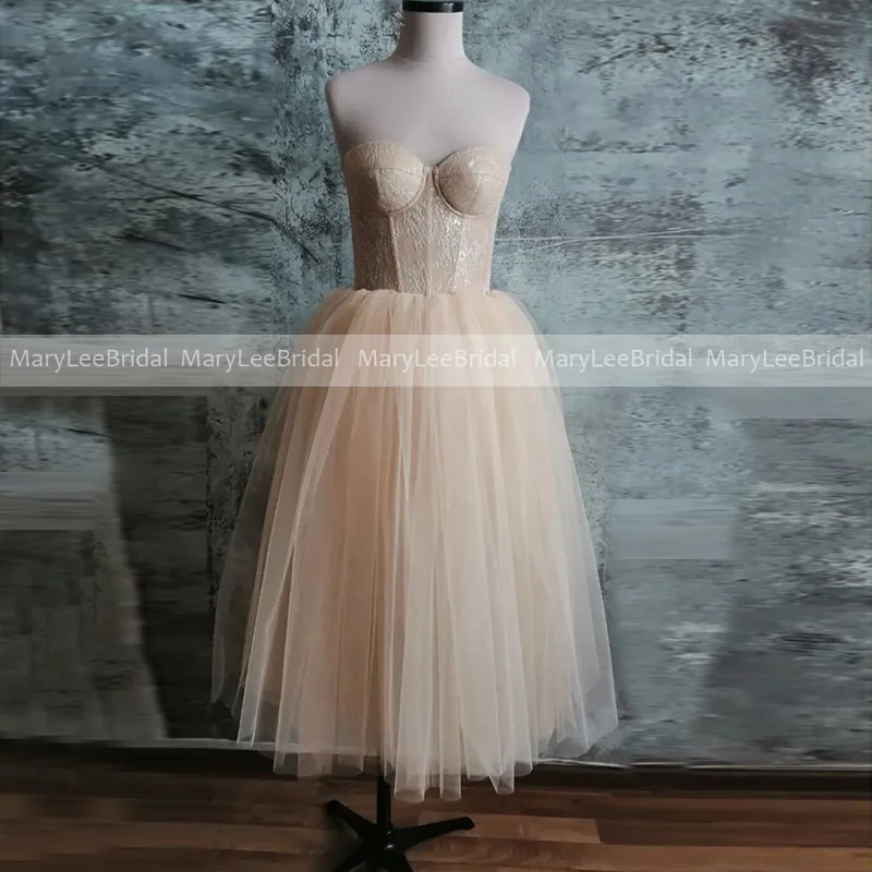 

Short Champagne Tulle Prom Dress Sweetheart Neckline Sparkly Lace Corset Midi Party Dress Girls Formal Evening Dress Customize