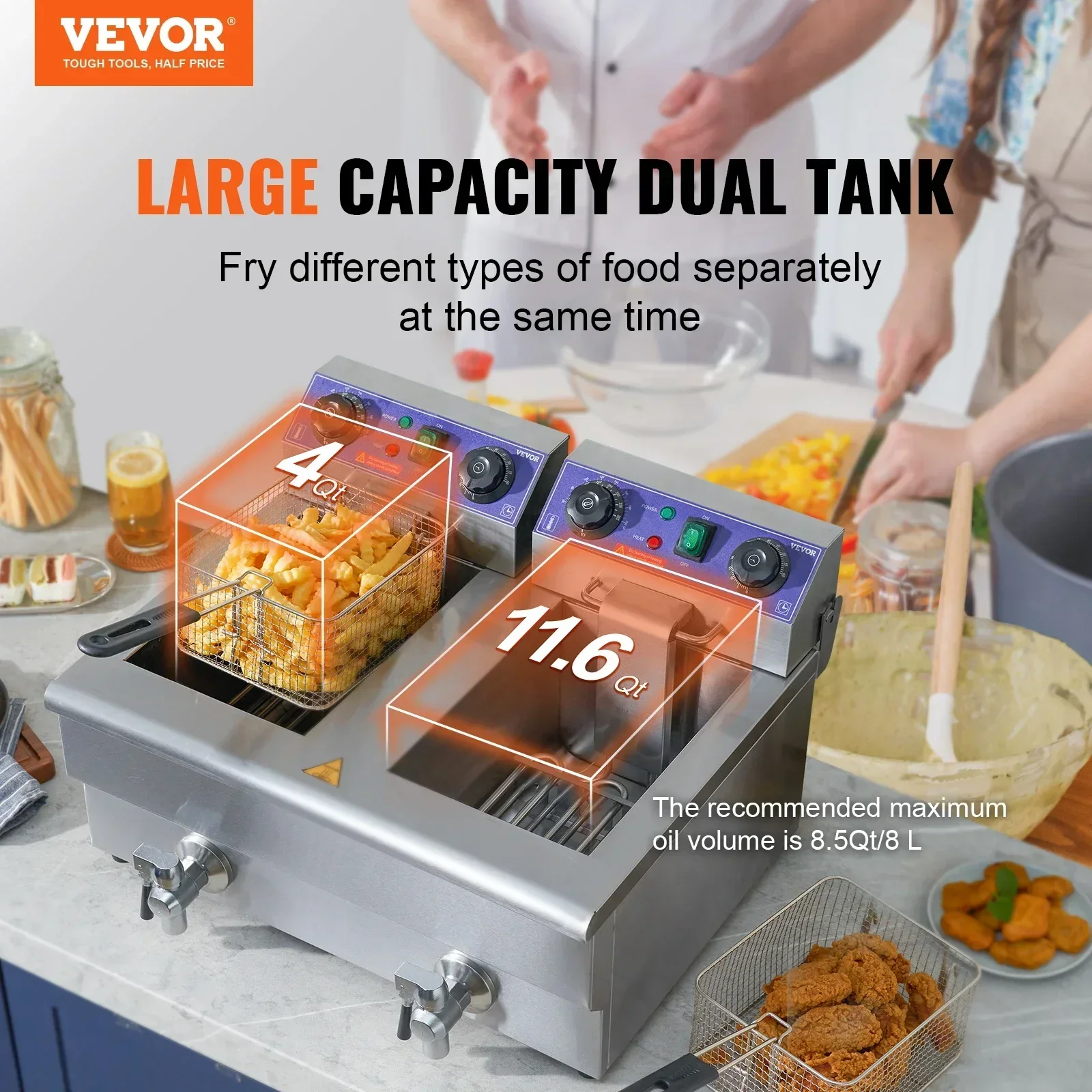 VEVOR Commercial Electric Deep Fryer w/Dual Tanks 12L 3000W Stainless Steel Countertop Fryer for Fried Chicken French Fries