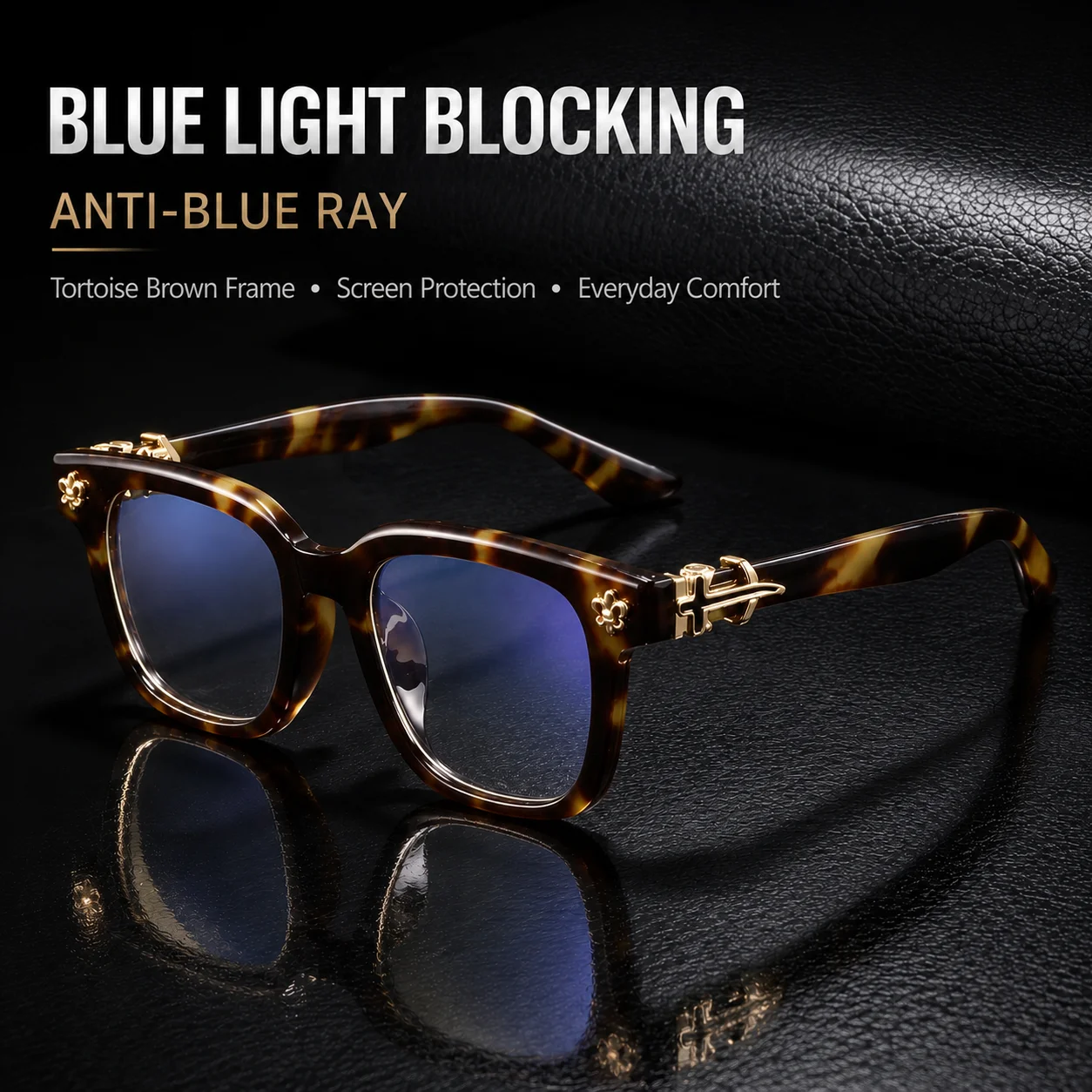 Fashion Tortoise Square Anti Blue Light Glasses Plum Blossom Curved Scimitar Metal Decor UV400 Vintage Eyewear for Women