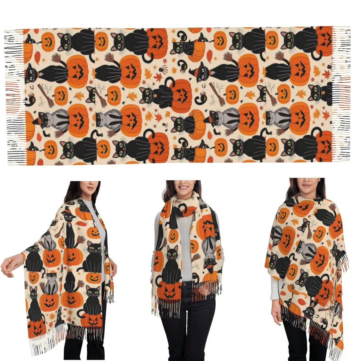Witch Black Cat Pumpkin Halloween Pattern Scarf Tassel Scarves for Women Soft Warm Shawls and Wraps Long Fall Winter Shawl Wrap