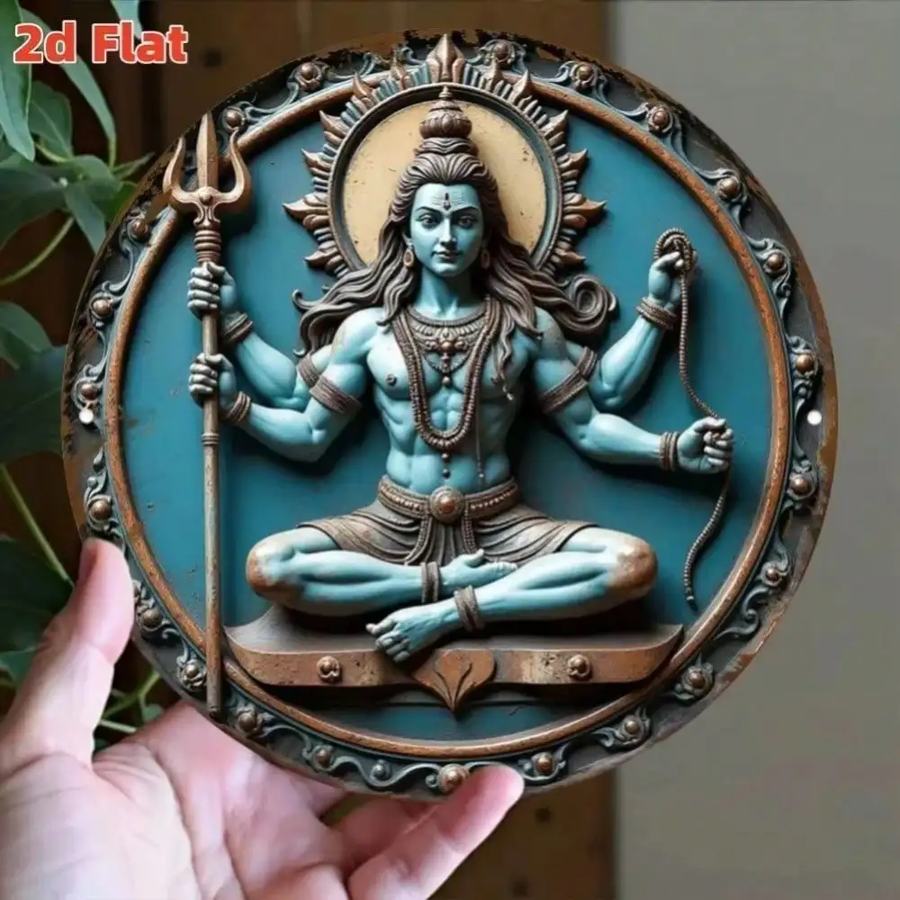 ZenithArt Hindoe Standbeeld Muur Decor Driehandige Godheid Sculptuur Metalen Ronde Beeldje