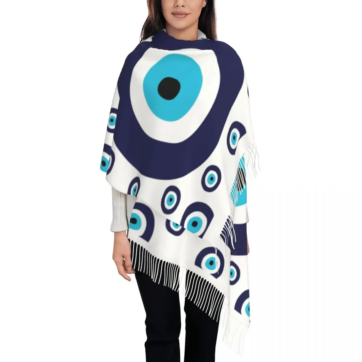 Custom Print Navy Blue And Aqua Nazar Evil Eye Lucky Charm Pattern Scarf Men Winter Fall Warm Scarves Amulet Boho Shawls Wraps