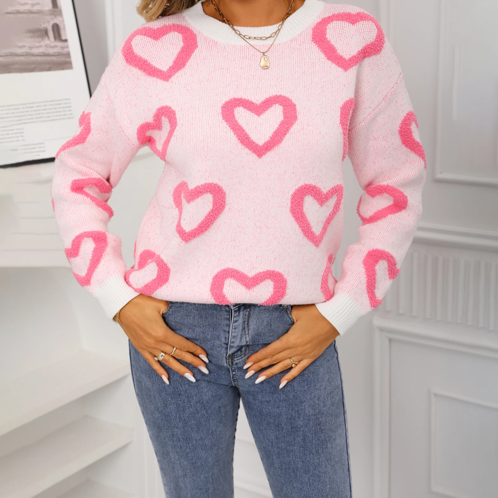 الشتاء المألوف تنوعا عارضة جولة الرقبة طويلة الأكمام متماسكة قمم المرأة القلب سترة الخريف