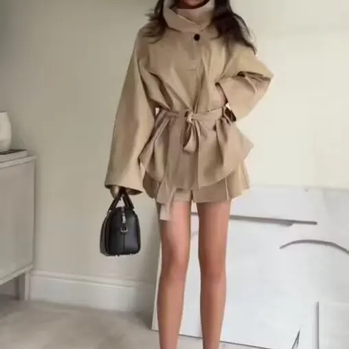 

Sli модная универсальная утягивающая ветровка с поясом, корейская повседневная свободная длинная куртка-свек, однотонная весенне-осенняя одежда